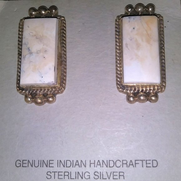 White Buffalo Turquoise and SS Signed Earrings - Picture 1 of 2